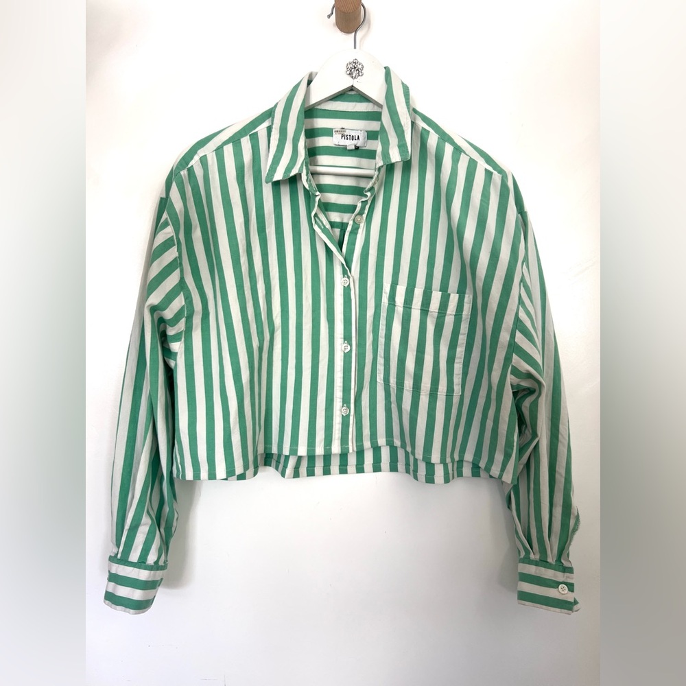 Anthropologie Pistola Mint and White cropped Striped Women's shirt SZ M - Picture 2 of 4